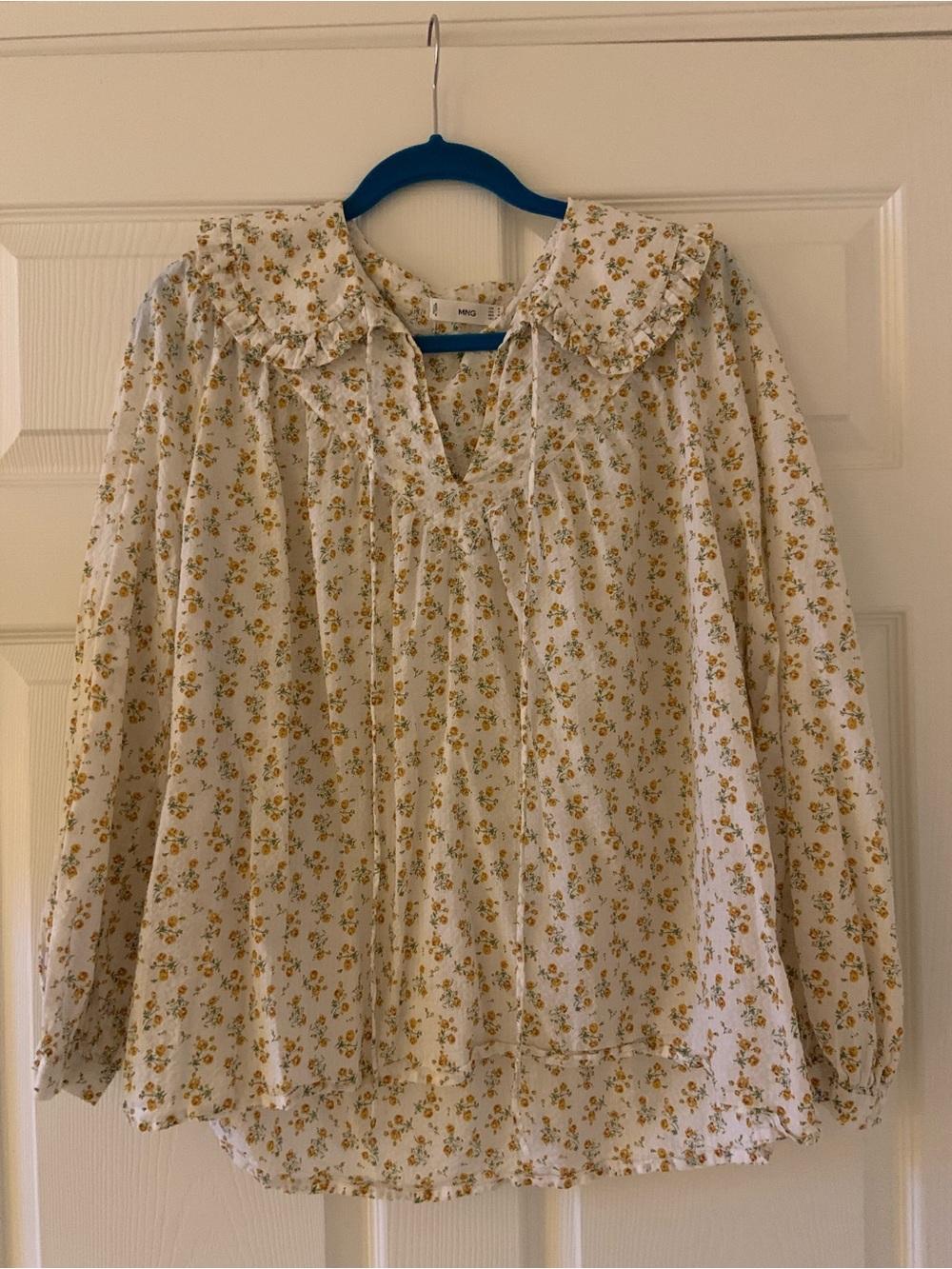 Mango Cream Blouse with Yellow Floral Print and Peter Pan Collar